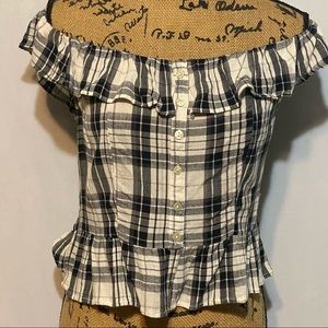 American Eagle, off the shoulder top, size L, black & white plaid